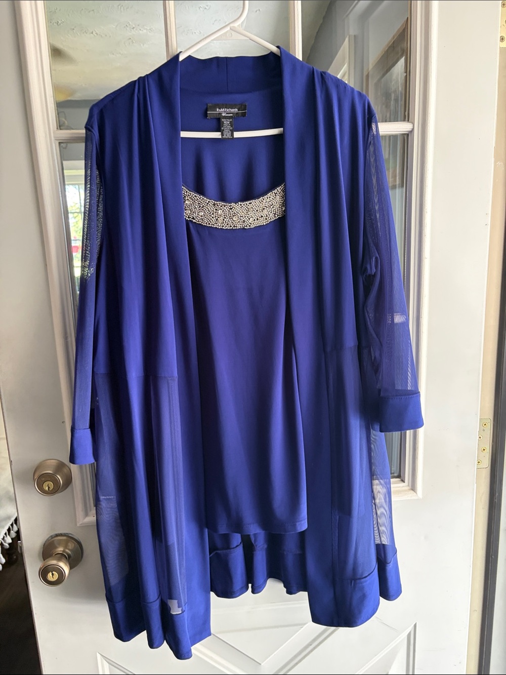 R&M Richards Royal Blue Beaded Neckline Sweater Jacket Set